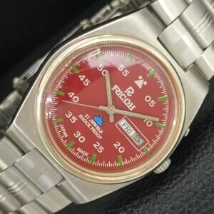 Vintage 1982 Ricoh Automatic Mens Silver Watch W/daydate & Red accents